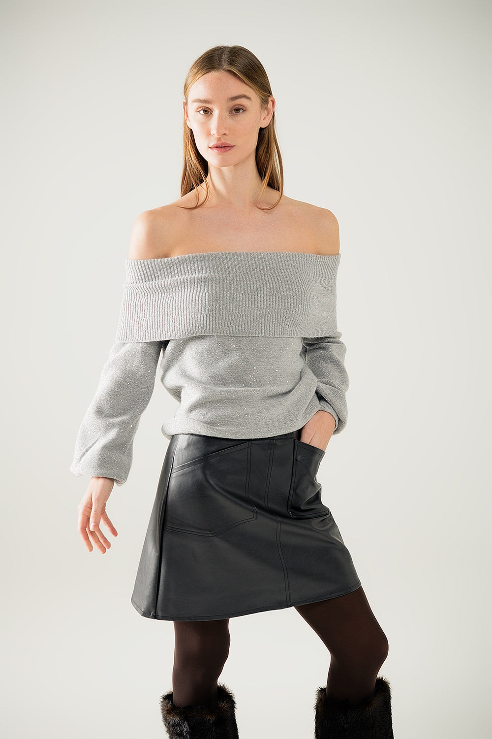 Grey boat neck sweater with sequins