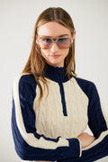 cropped white and navy sweater with neck zipper