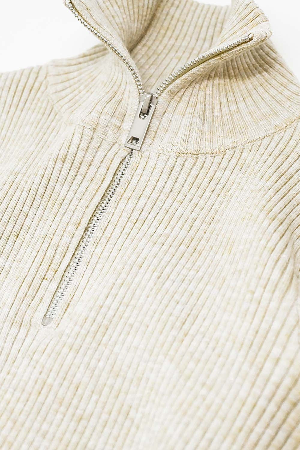 cream ribbed fitted sweater with zip closure