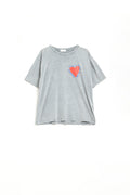 Grey T-shirt featuring a heart design on both the front and back