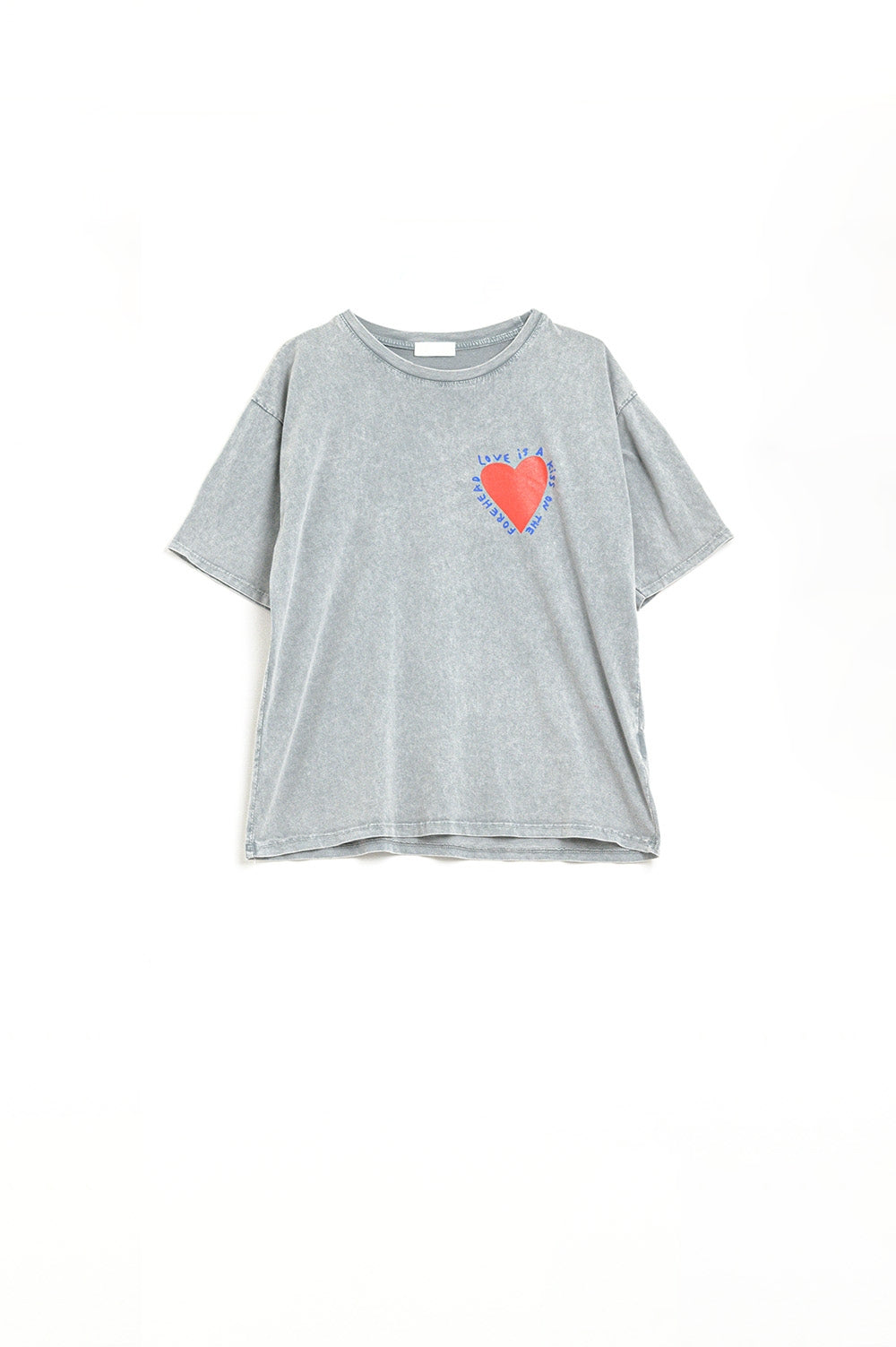 Grey T-shirt featuring a heart design on both the front and back