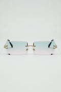 Gold Thin Rimless Square Sunglasses with Turquoise and Pink Gradient Lenses