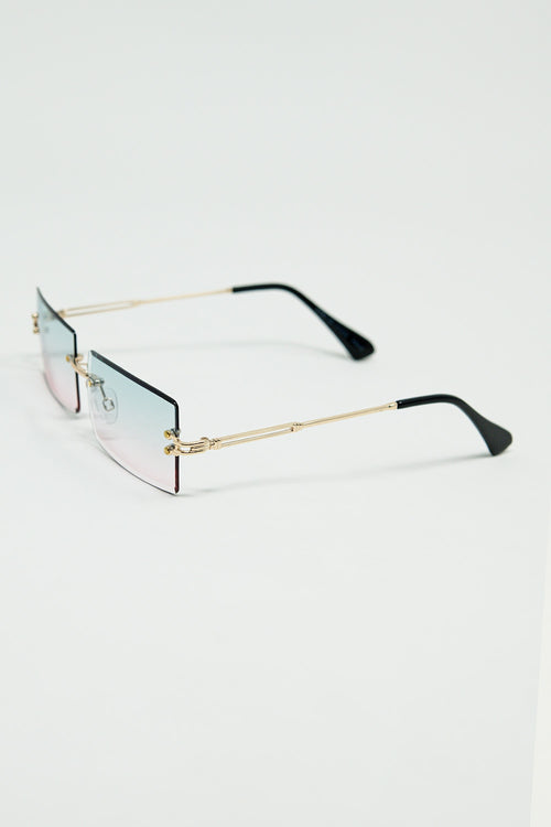 Gold Thin Rimless Square Sunglasses with Turquoise and Pink Gradient Lenses