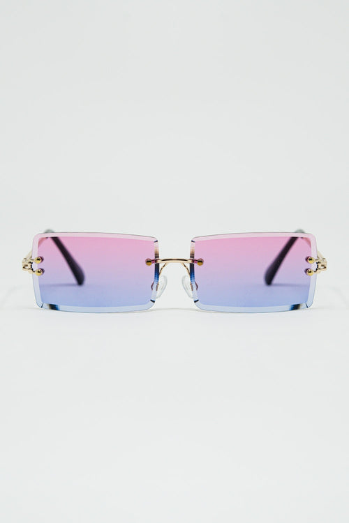 Gold Thin Rimless Square Sunglasses with Purple to Pink Gradient Lenses