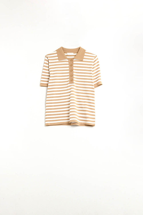 beige and White Striped Knitted Polo T-shirt