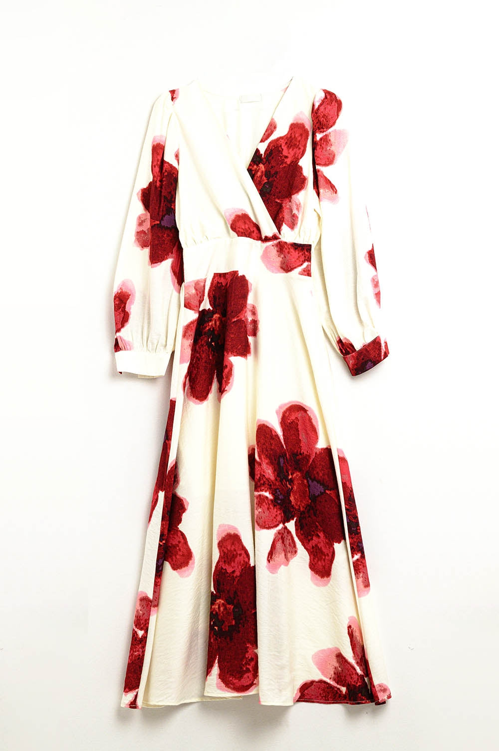 Beige wrap midi dress with red tropical floral print and long sleeves