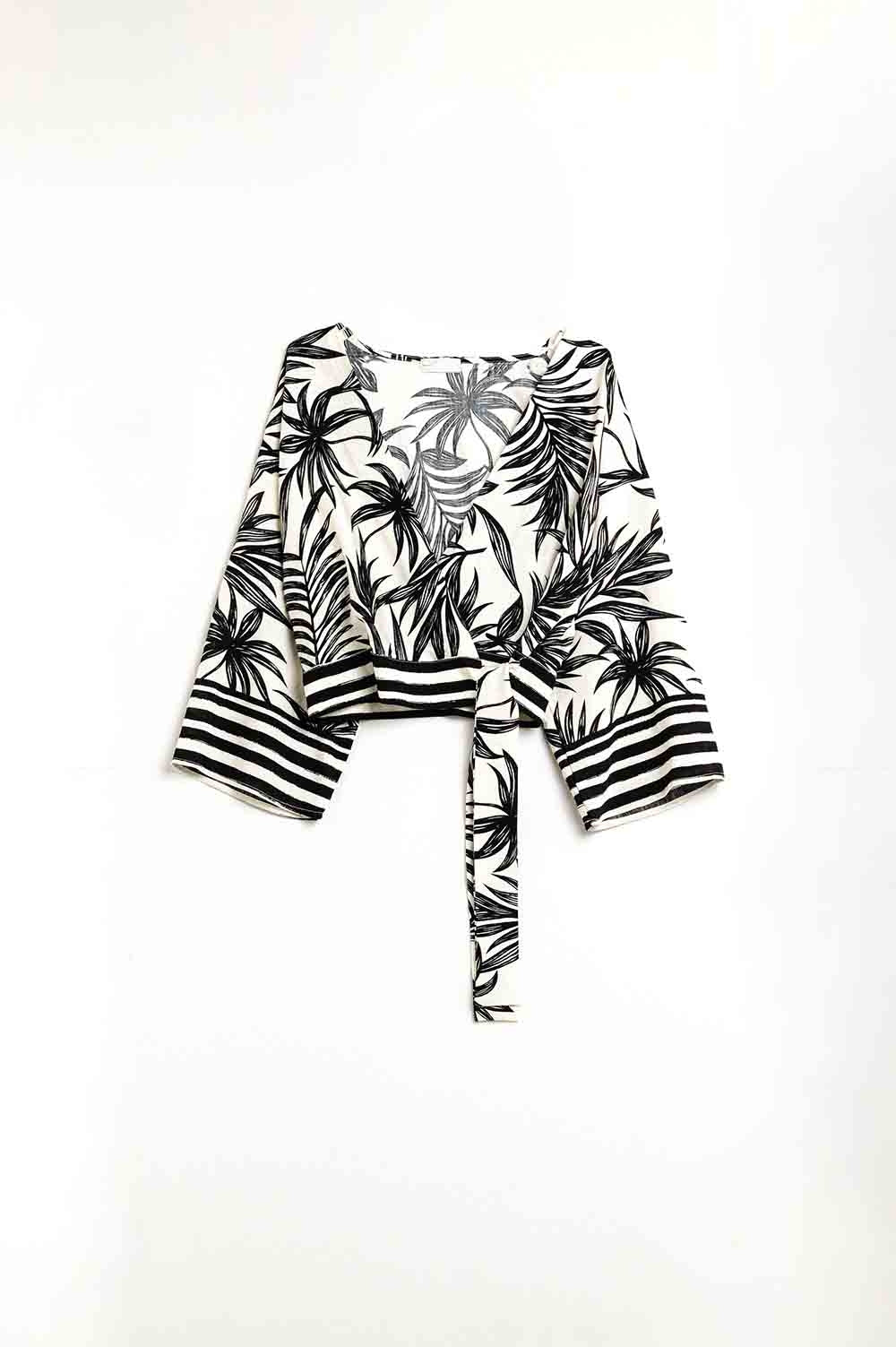Cropped Top In White With Tropical Motif in Black