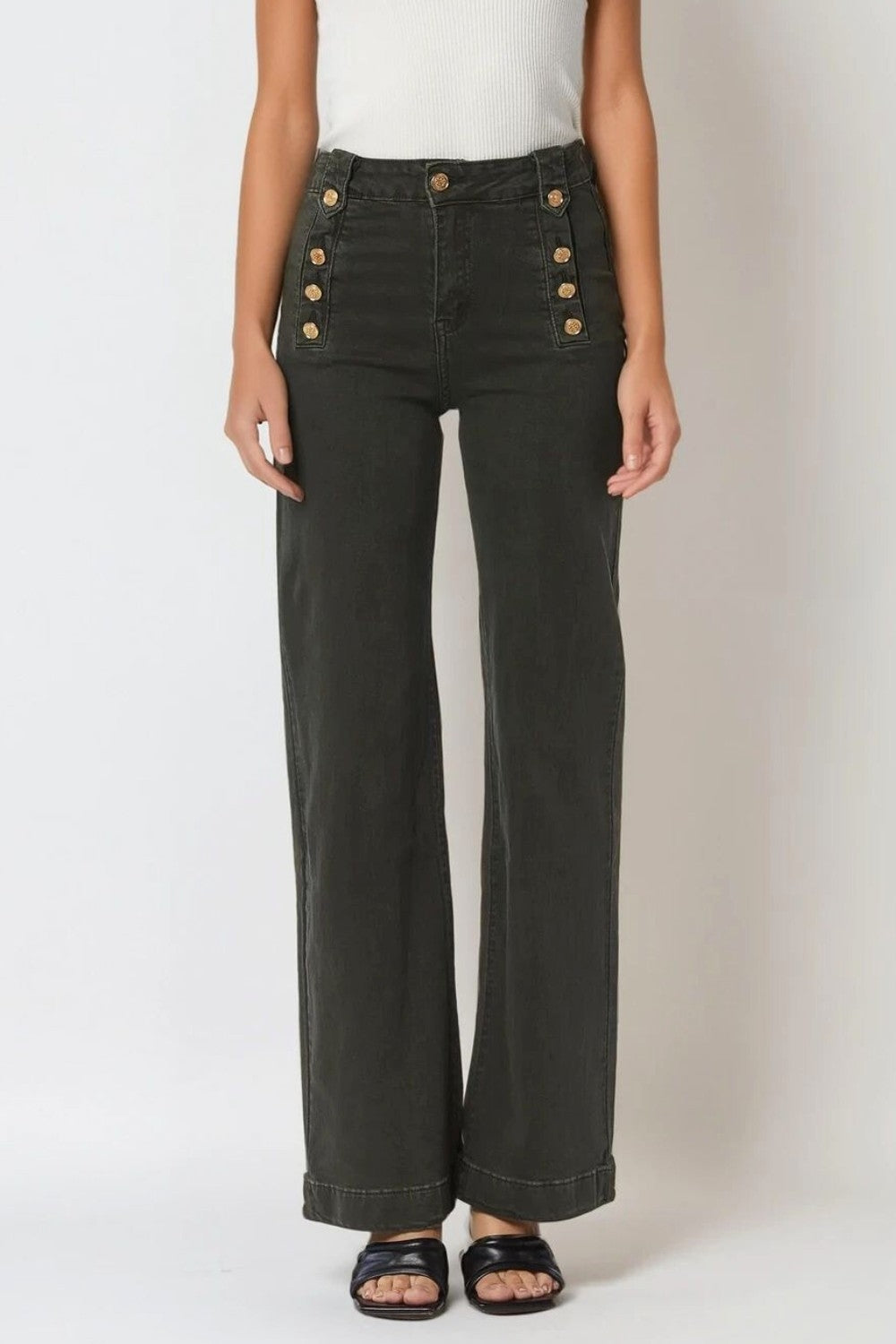 Straight Jeans With Gold Buttons At the Side in khaki