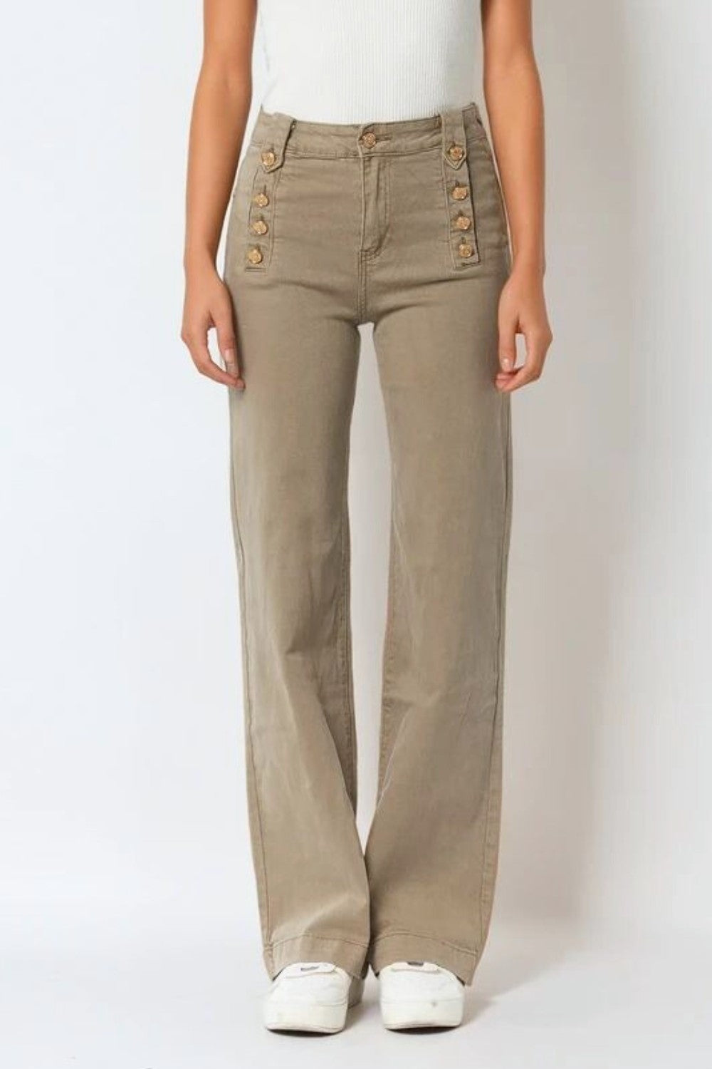 Straight Jeans With Gold Buttons At the Side in beige