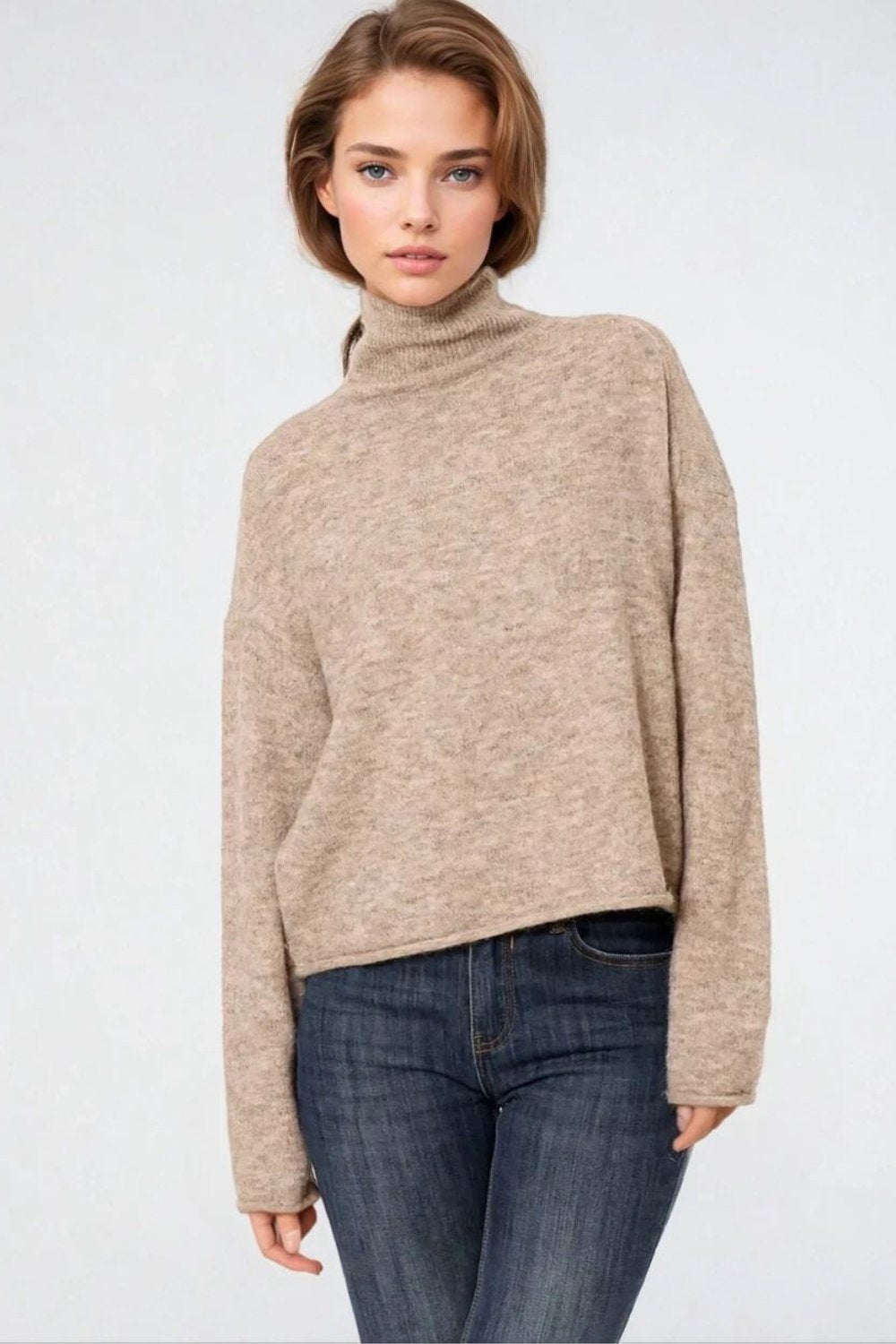 Beige fluffy high neck relax fit sweater