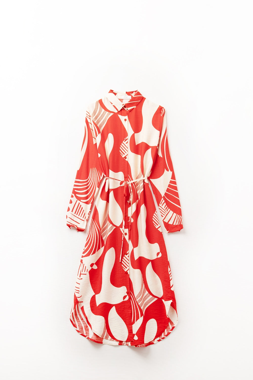 abstract print button-down dress in red