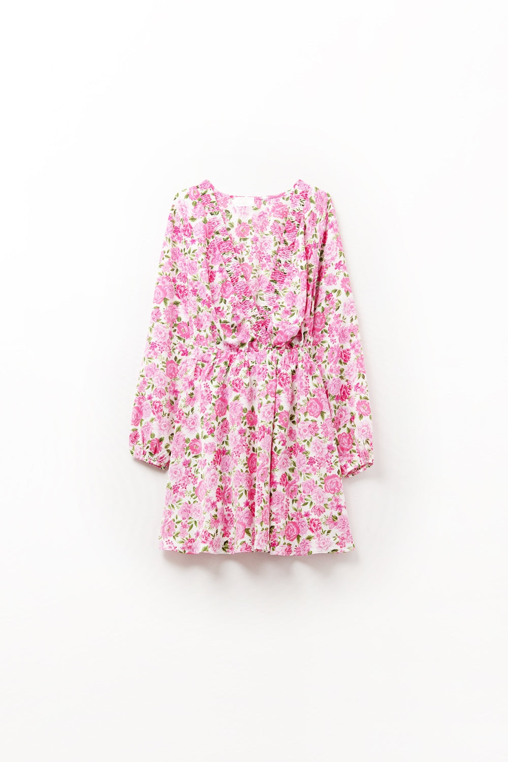 Floral V-Neck Dress with Pink Blooms and Green Accents