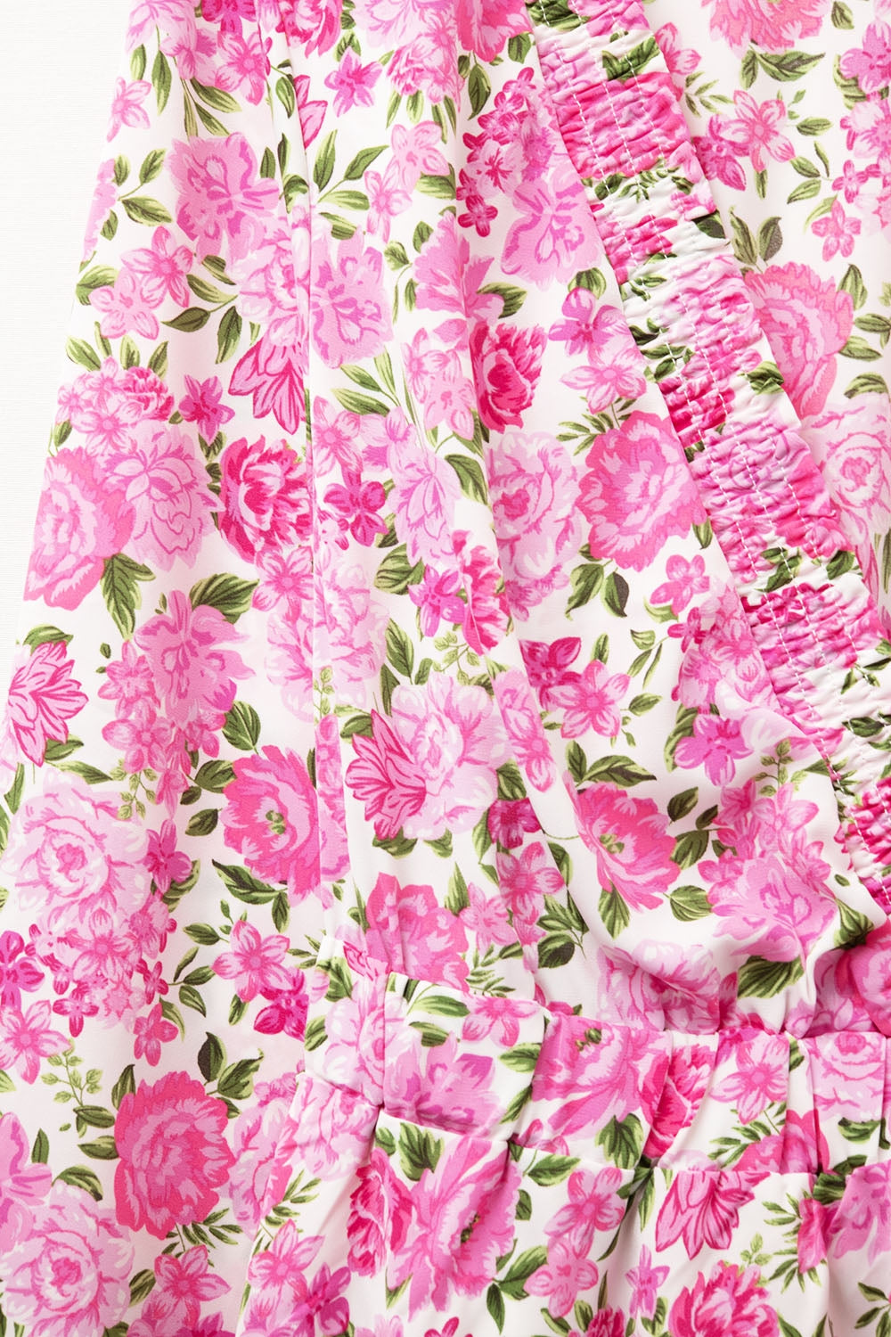 Floral V-Neck Dress with Pink Blooms and Green Accents
