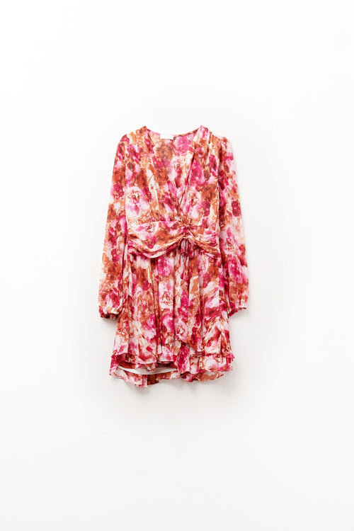Abstract Print Mini V Neck Dress With Rouche at Waist