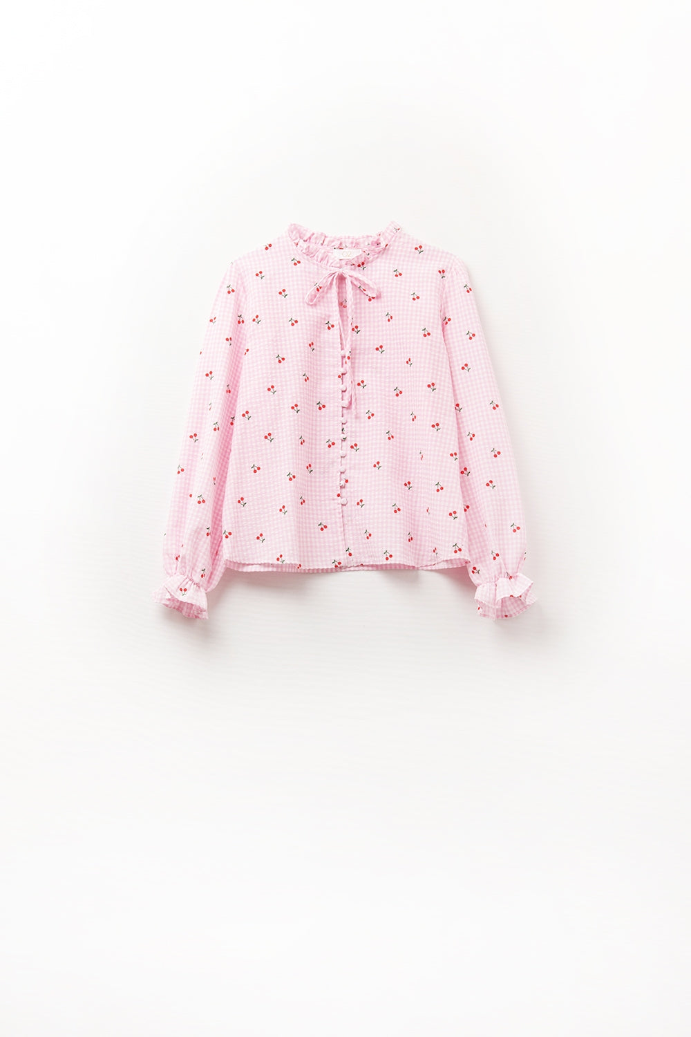Pink Blouse with Cherry Details and Tied Bow