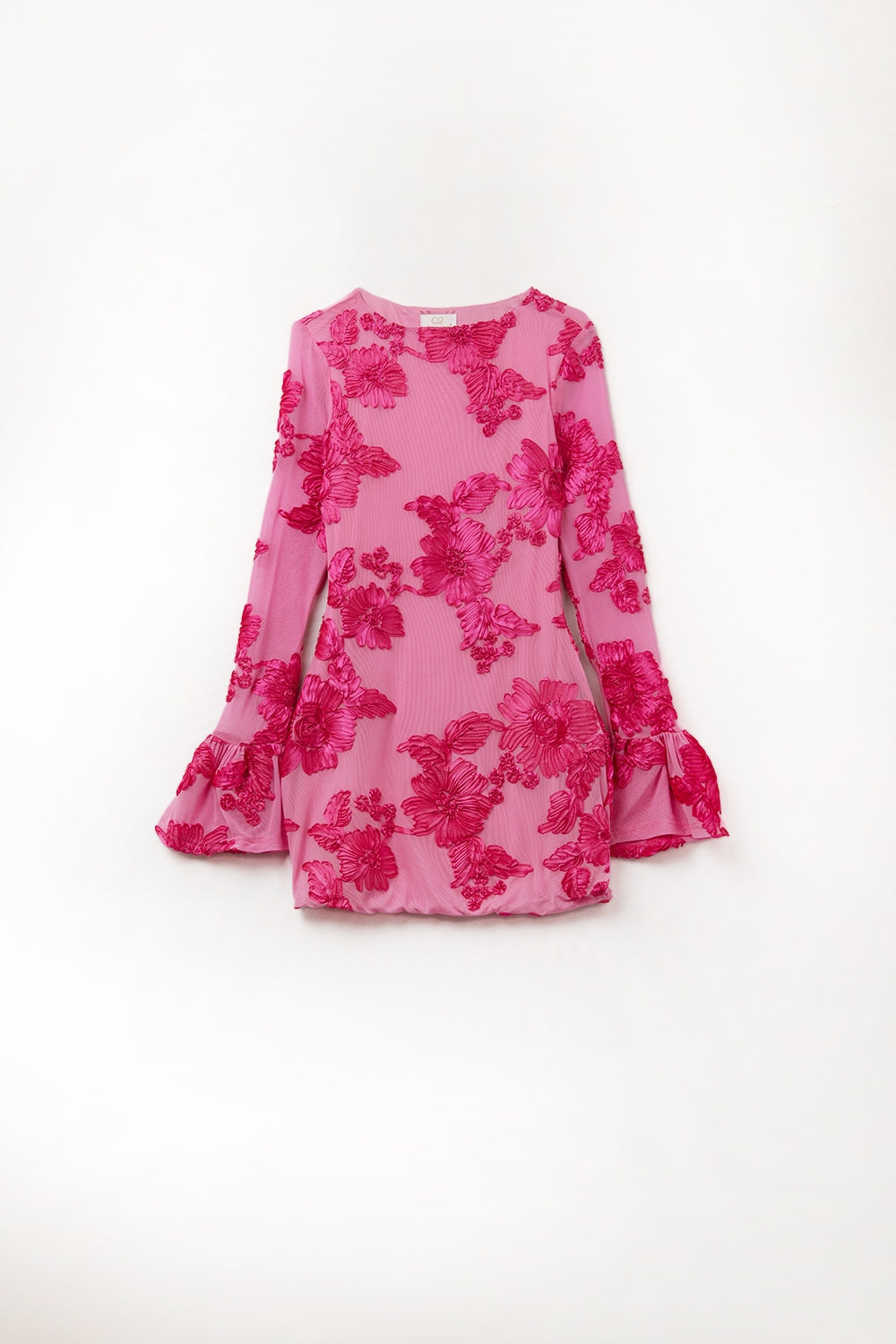 fuchsia chiffon mini dress with floral brocade