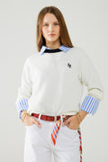 White sweater with contrasting collar and love logo on chest
