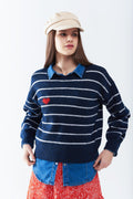 Blue striped sweater with red heart detail