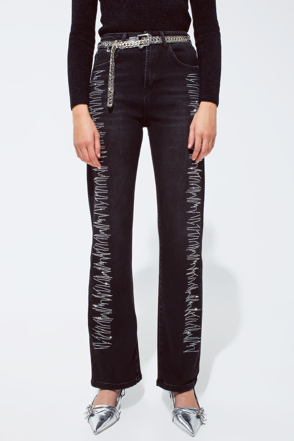 Straight jeans in black with silver strass details