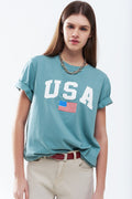 Green loose long t-shirt with USA logo