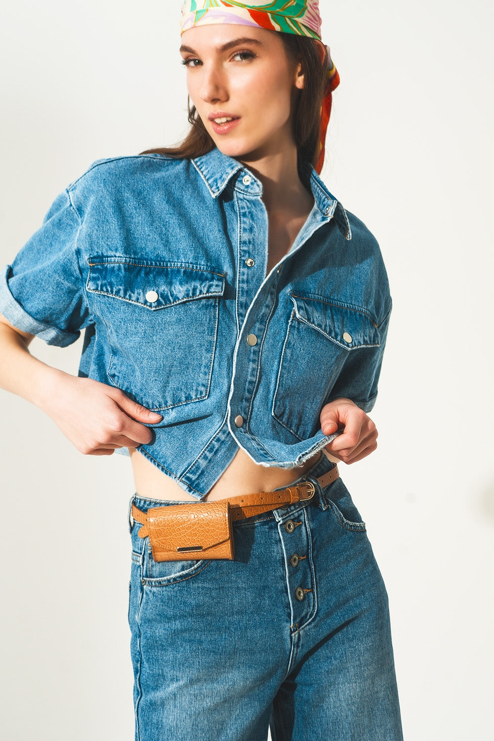 mid-blue wash denim cropped jacket
