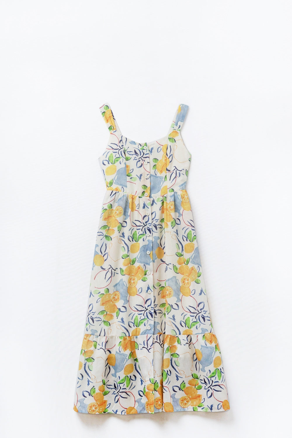 white maxi strapless dress with lemon print