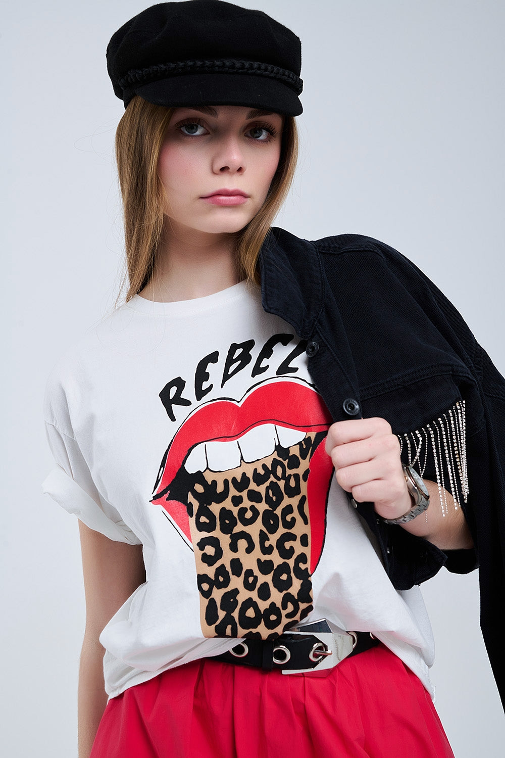 Relaxed White T-shirt With Rebel and Lips Graphic Print