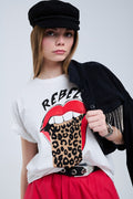 Relaxed White T-shirt With Rebel and Lips Graphic Print