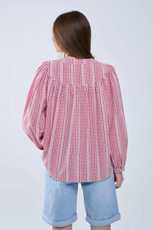Gingham Red and White Collarless Blouse With Wide Sleeves