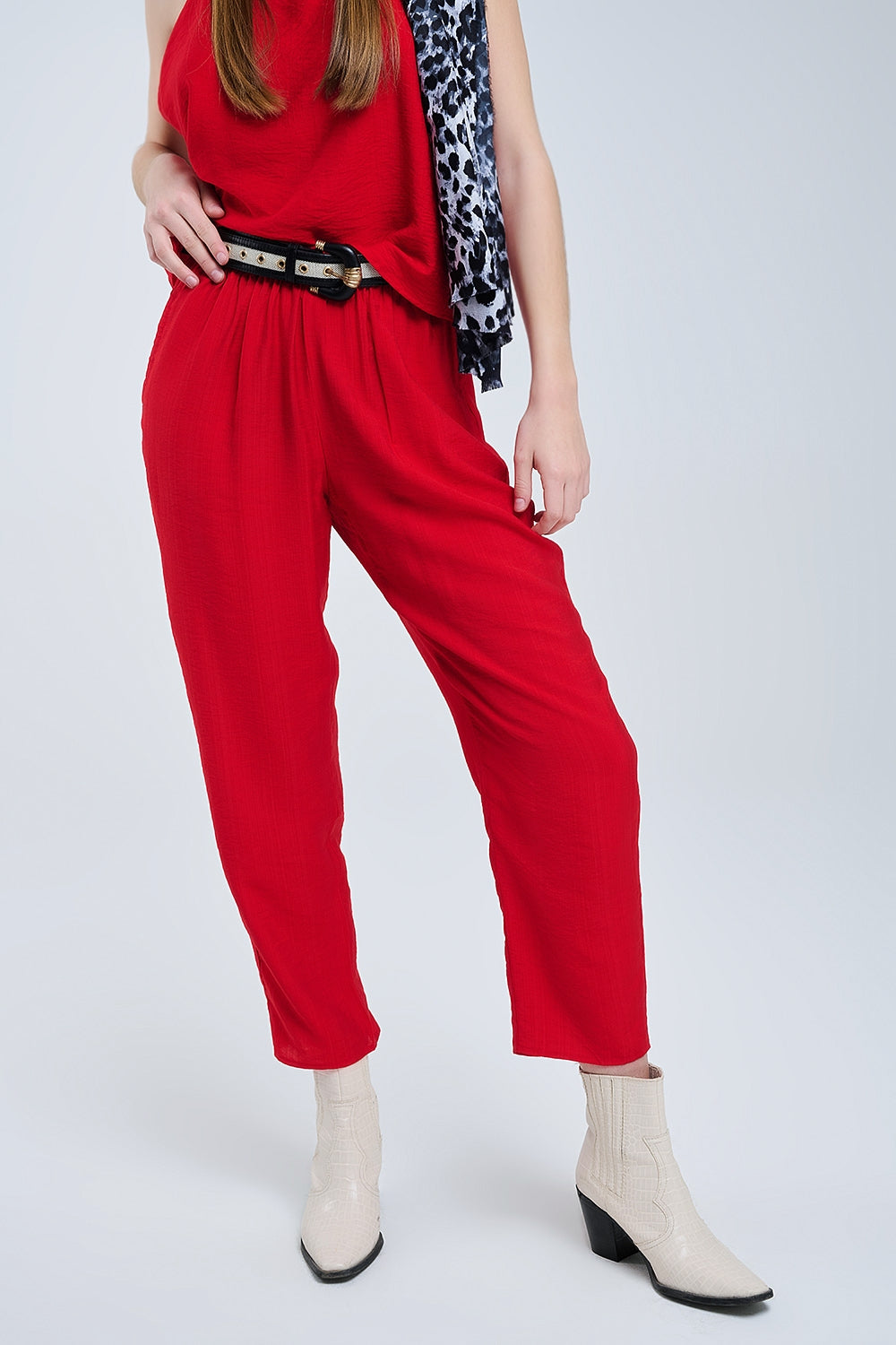 Summery Pants With Elastic Waist and Pockets In Red