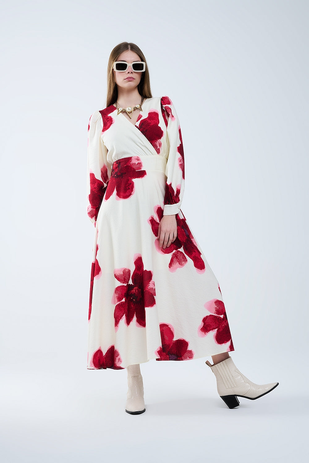 Beige wrap midi dress with red tropical floral print and long sleeves
