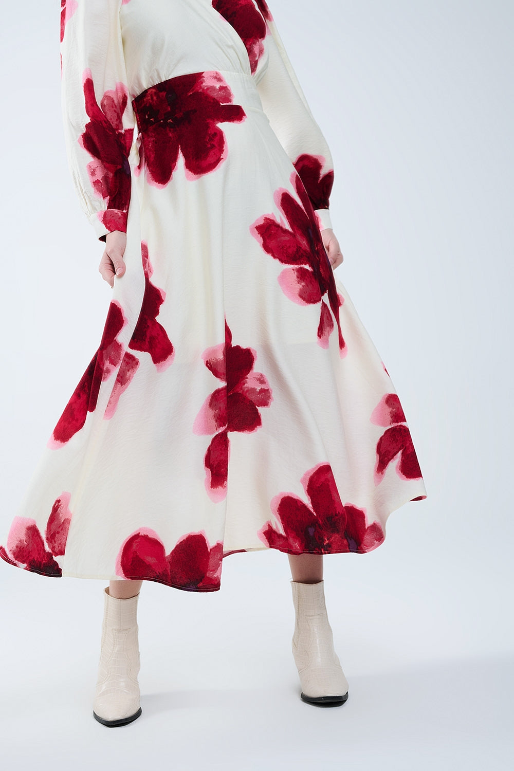 Beige wrap midi dress with red tropical floral print and long sleeves