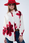 Relaxed Shirt in Beige With Red Tropical Flower Print in Red