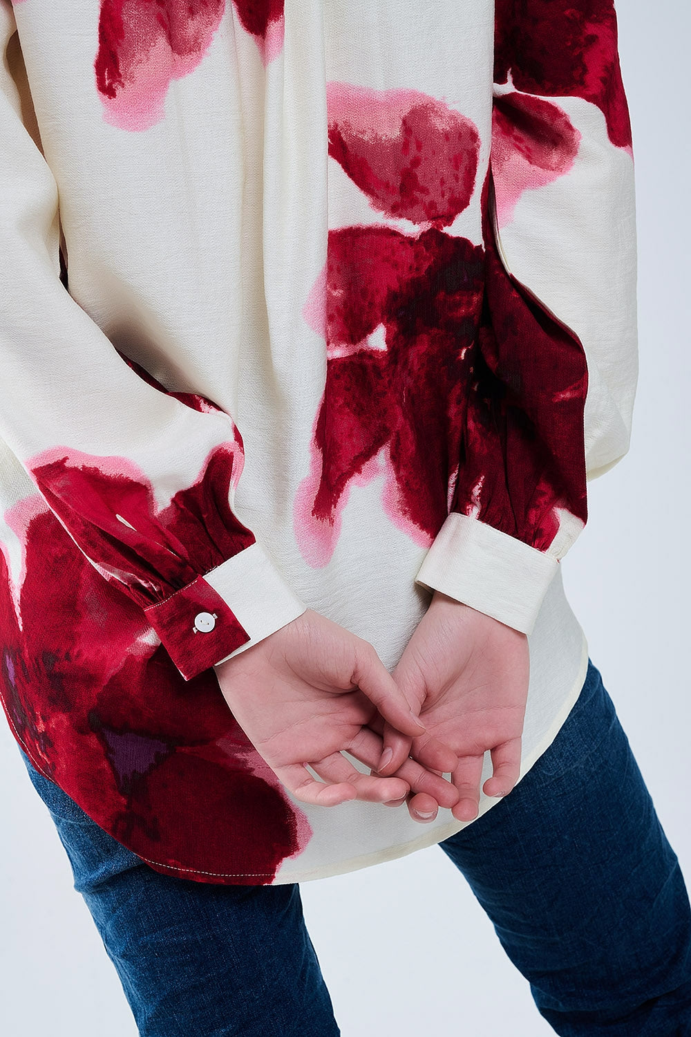 Relaxed Shirt in Beige With Red Tropical Flower Print in Red