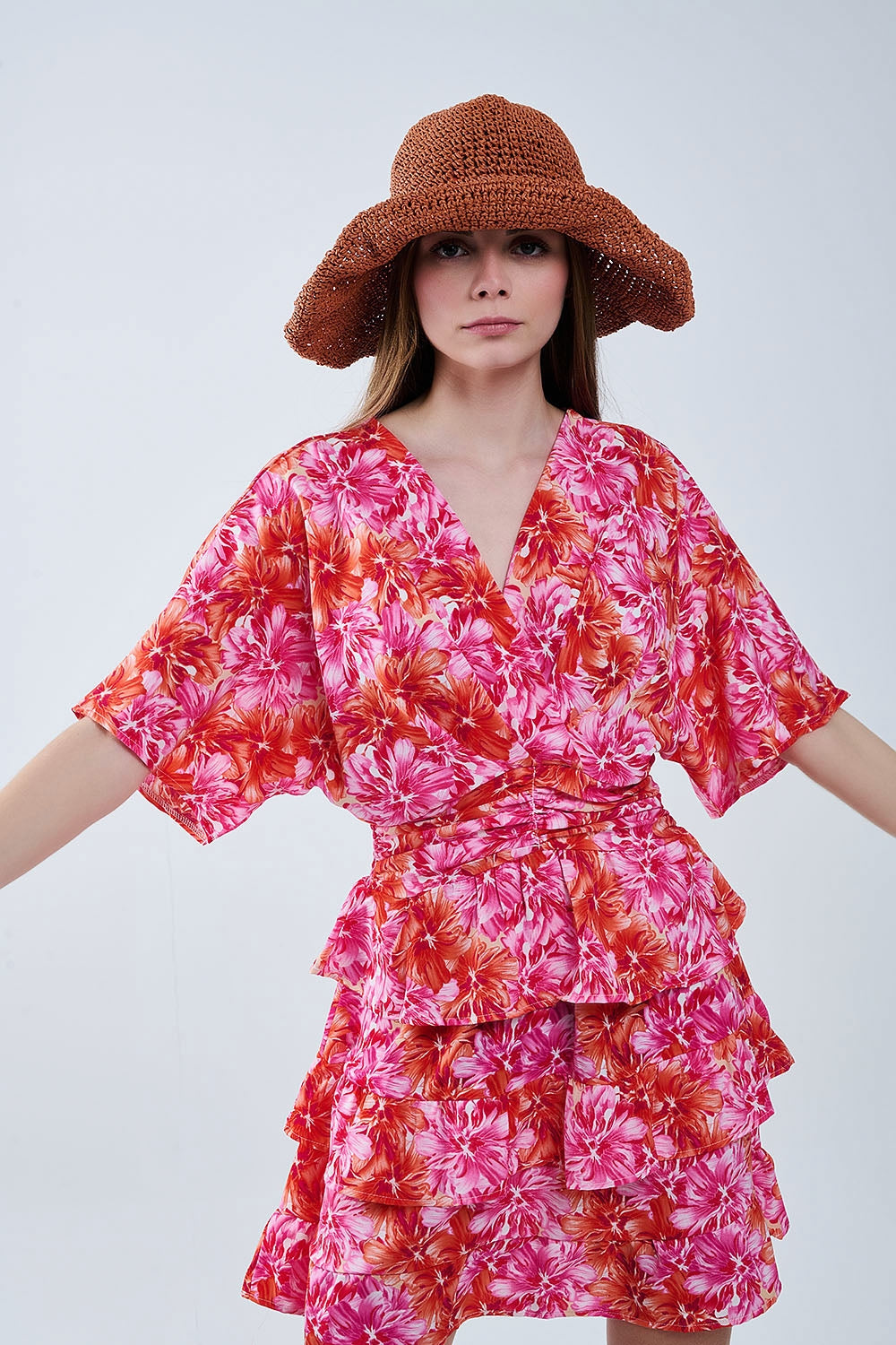 Floral printed Dress With Pink Orange and Red Tones