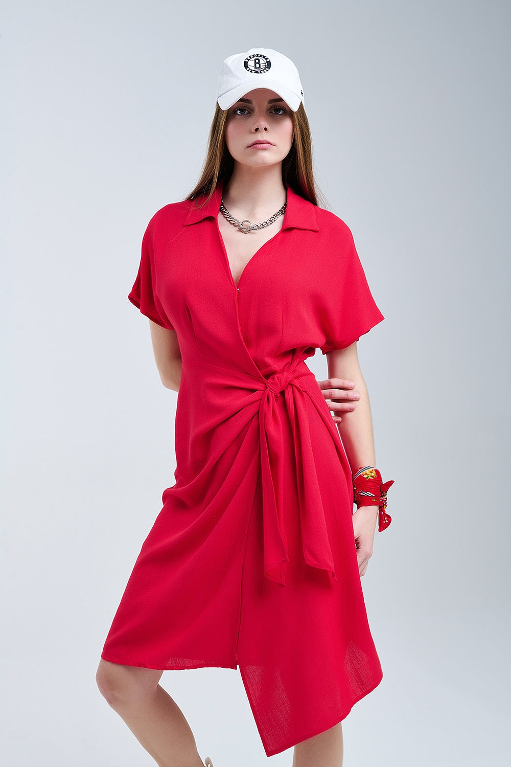 Red Midi Dress With Bow At The Side