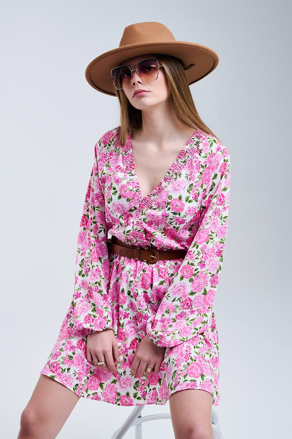 Floral V-Neck Dress with Pink Blooms and Green Accents