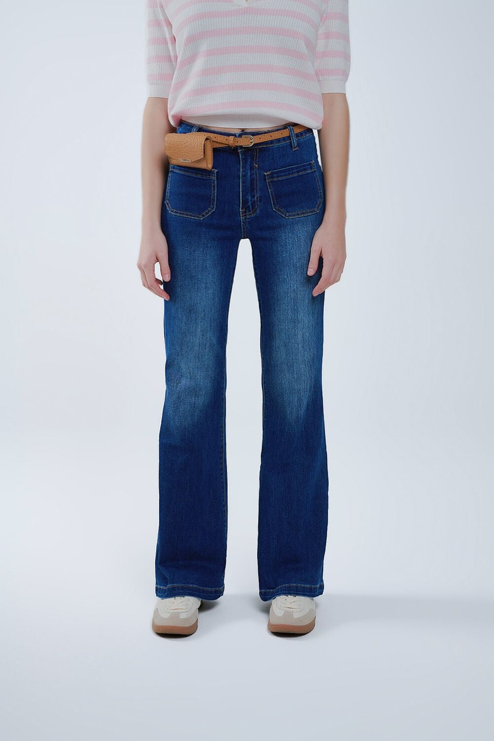 Dark Blue Flared Jeans with Front Pockets