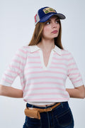White Crop knitted polo Top with Pink Stripes