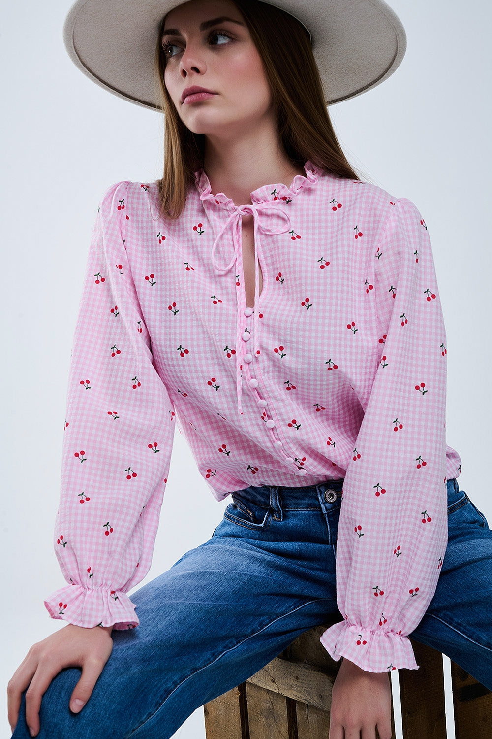 Pink Blouse with Cherry Details and Tied Bow