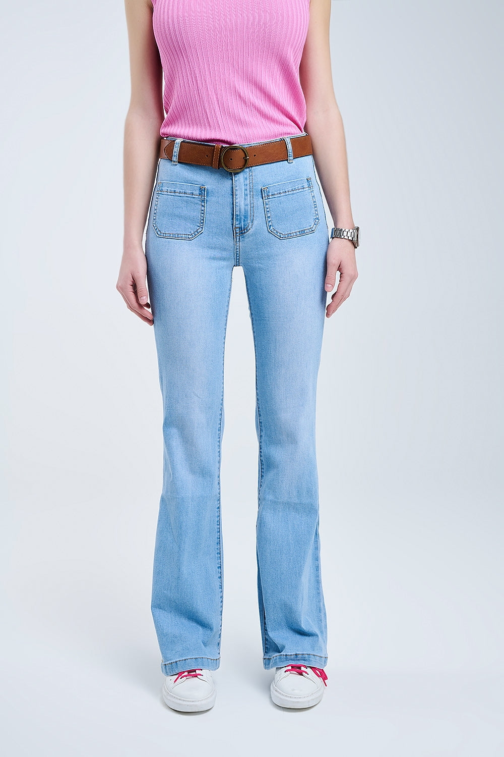 Skinny Light Wash Flare Jeans With Front Pockets