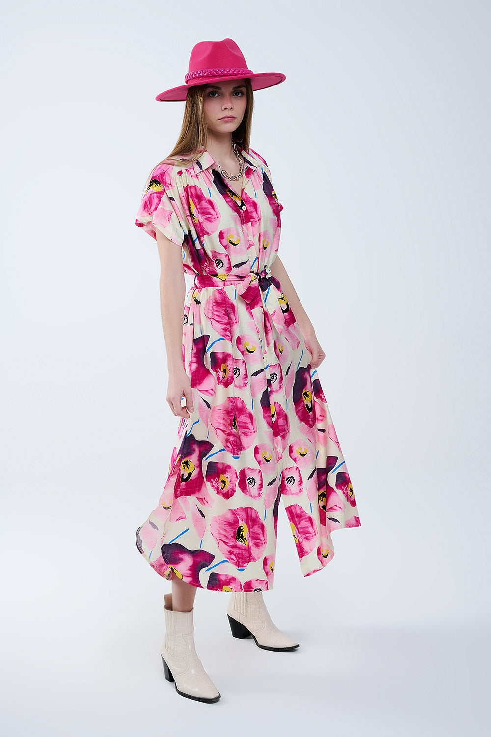 Floral printed buttoned shirt dress in fuchsia