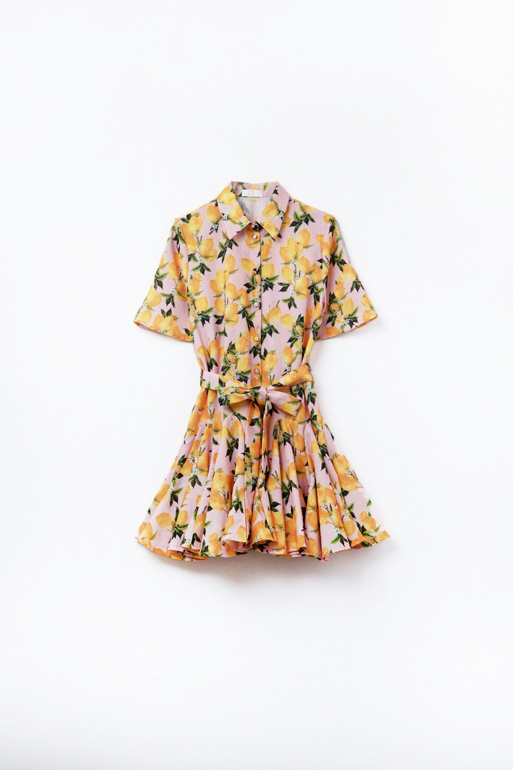 Romantic dress with waistband and lemon print and short sleeves in Pink