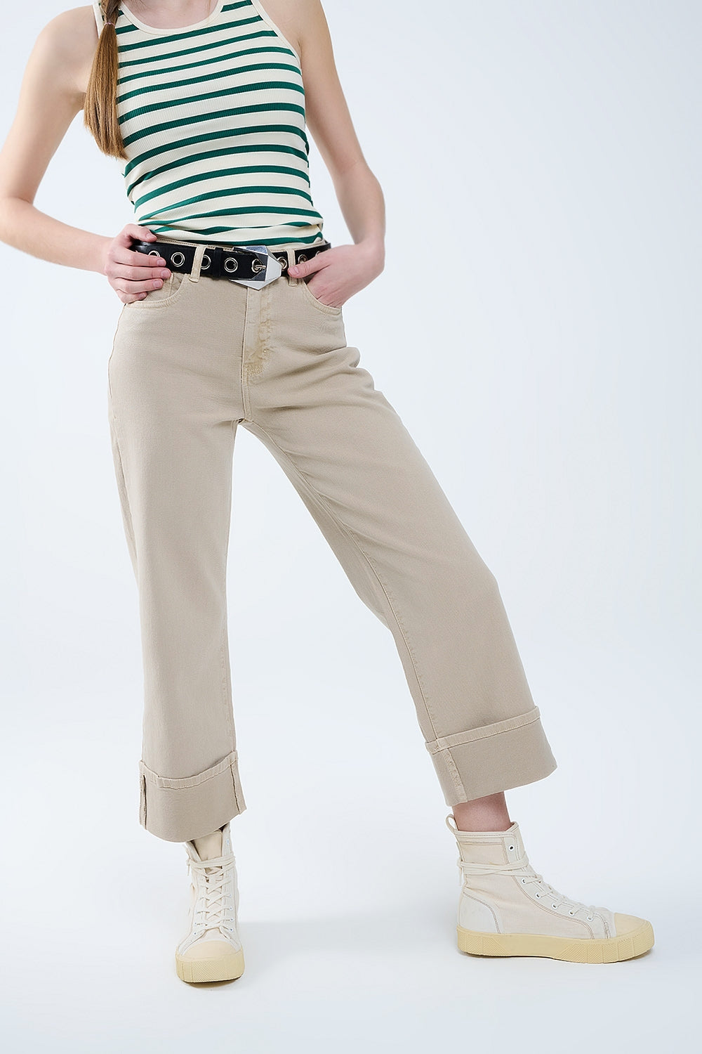 Beige Straight leg Pants with cropped hem