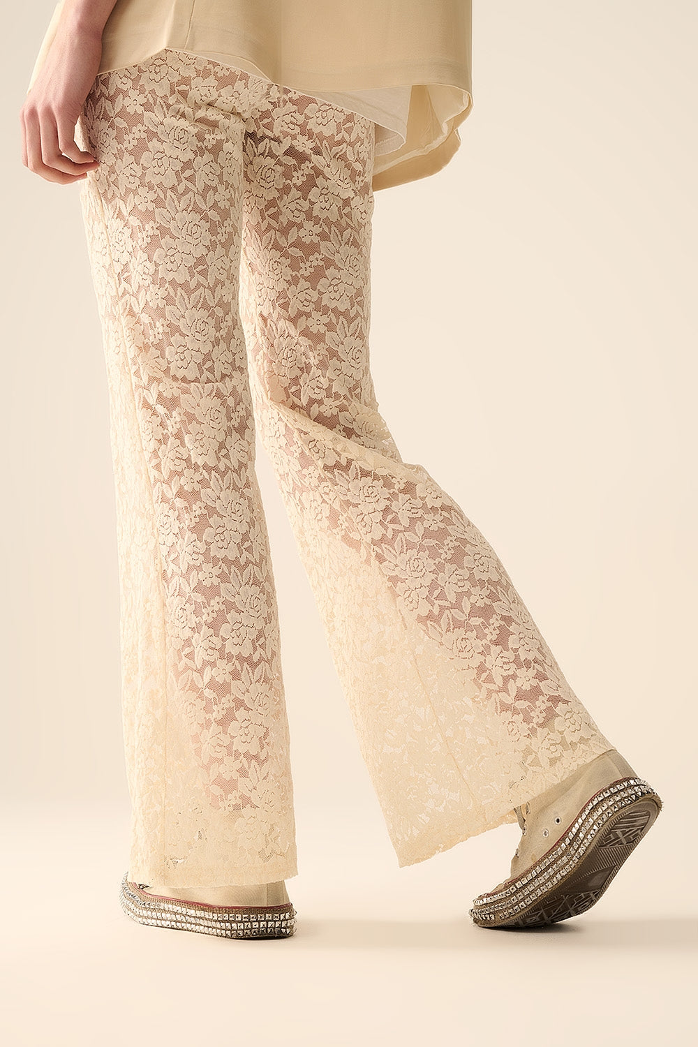 Cream flare Pants in Floral Lace