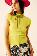 High Neck Cap Sleeves Top in Lime Green