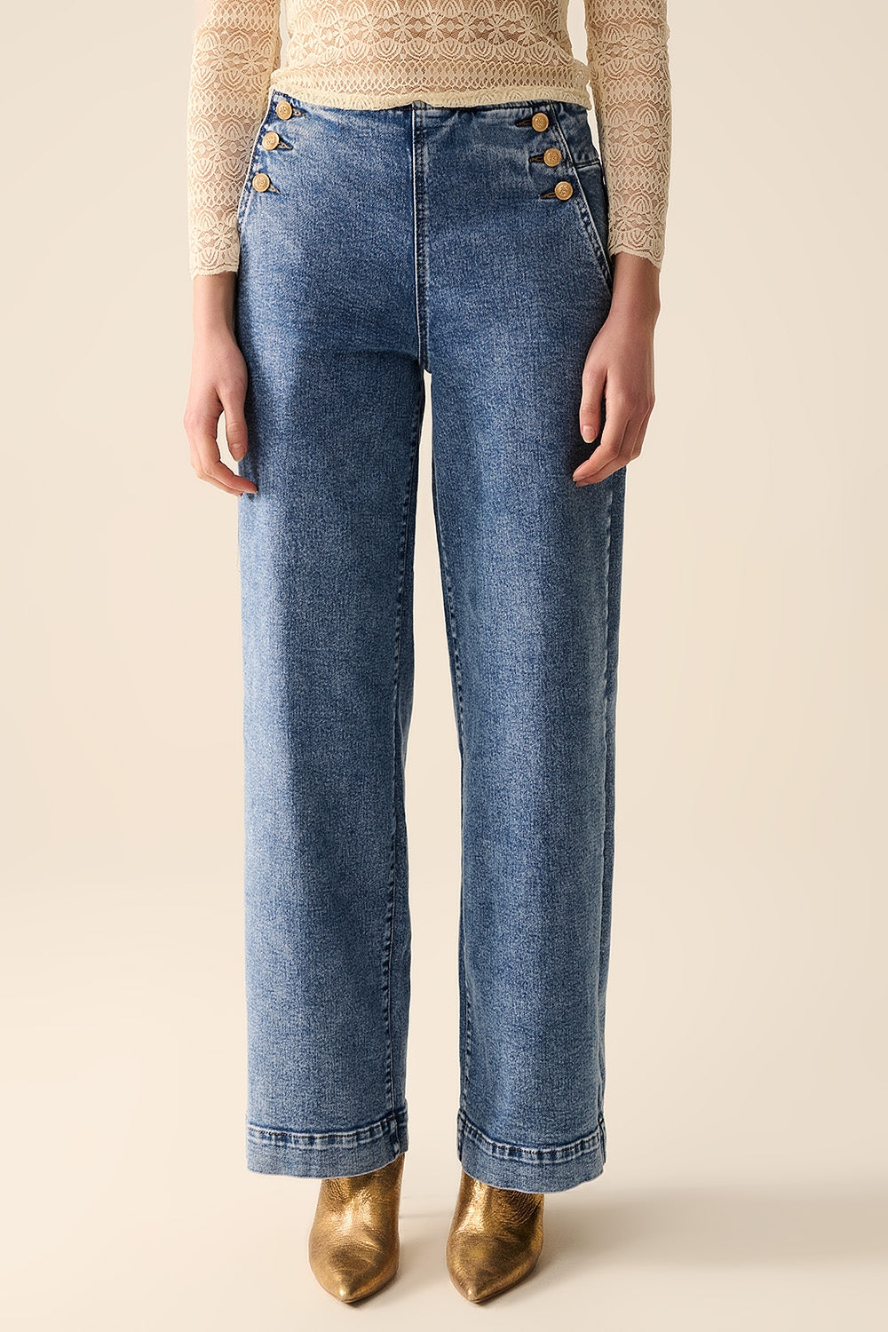 Straight Leg Marine Jeans With Gold Buttons in Mid Wash