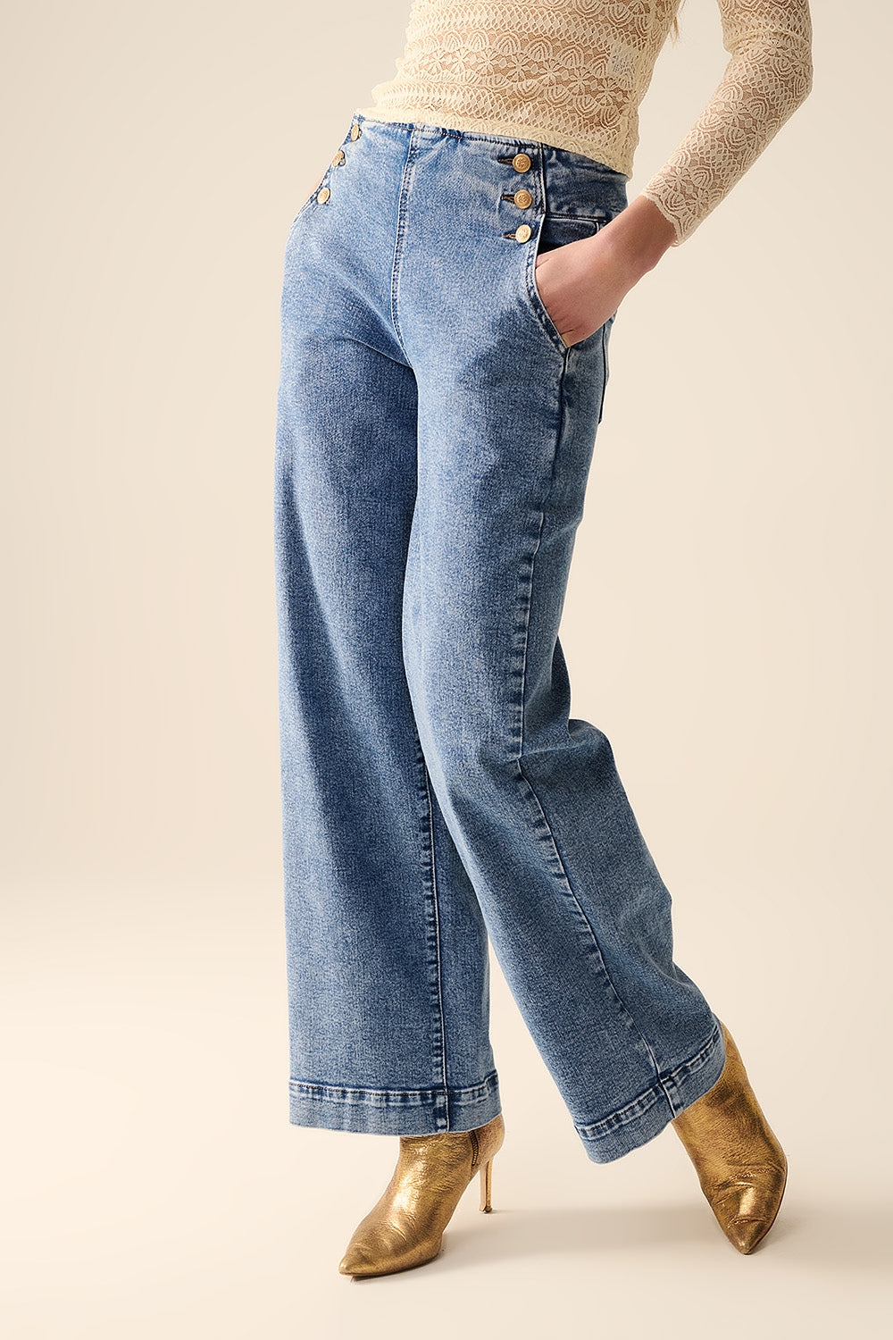 Straight Leg Marine Jeans With Gold Buttons in Mid Wash