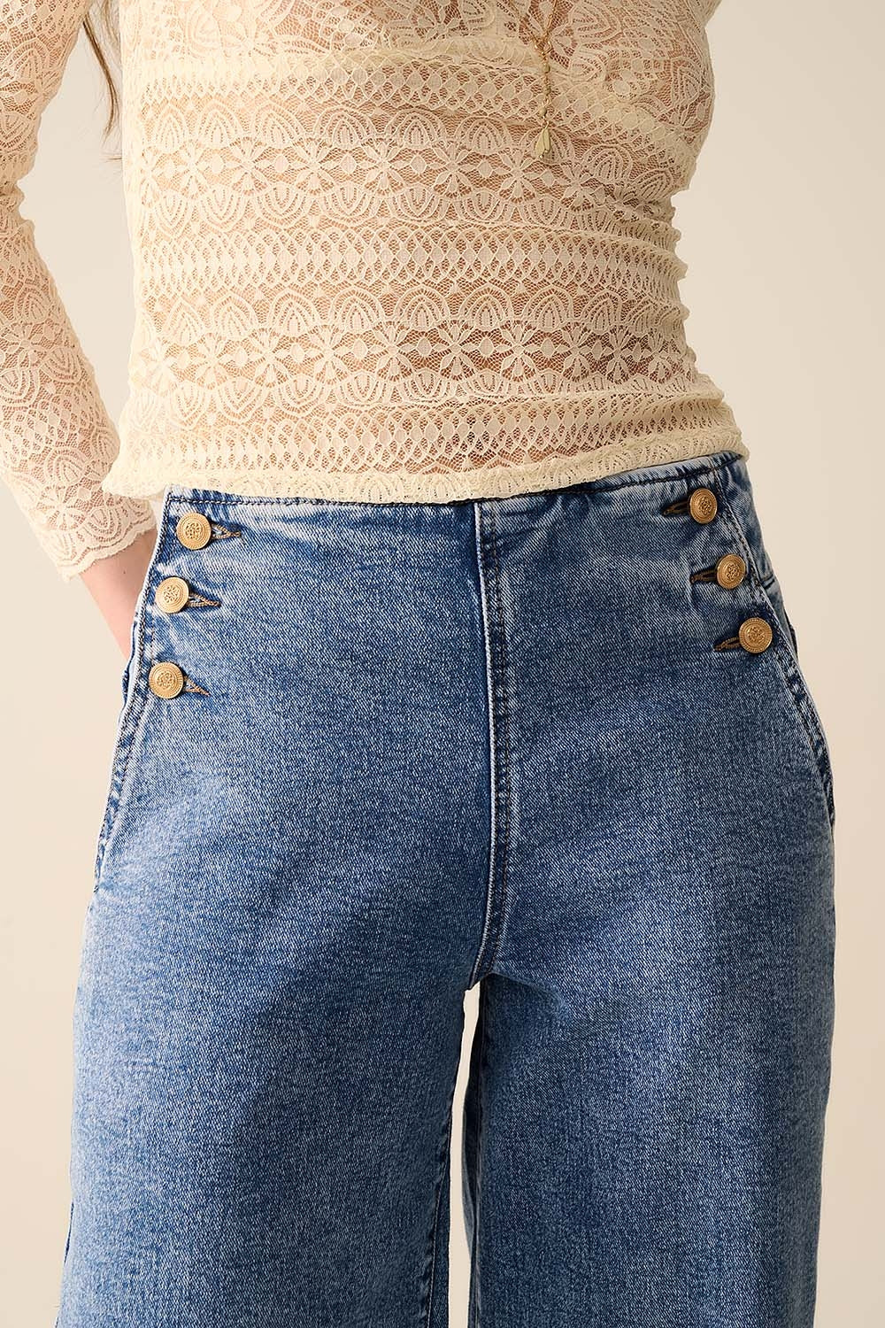 Straight Leg Marine Jeans With Gold Buttons in Mid Wash