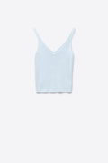 Baby Blue ribbed knit top with V-neck and spaghetti straps